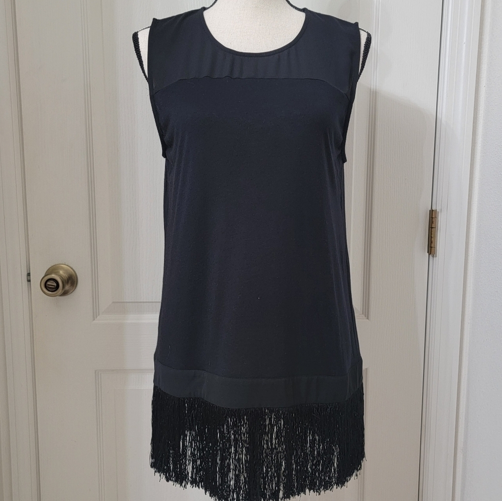 J. Crew Size M "Lexi" Black Sleeveless Tunic with Tassel Fringe Hem. GUC